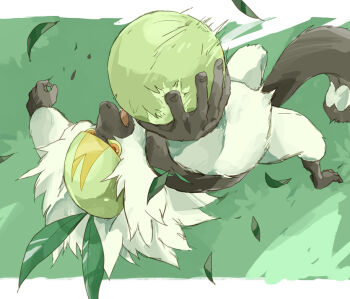 animal_focus catching colored_sclera commentary_request fingernails gen_7_pokemon green_sclera holding leaf midair monkey motion_blur nintendo no_humans nyala_(nyala_766) open_mouth orange_eyes orange_pupils passimian pokemon pokemon_(creature) pokemon_focus solo