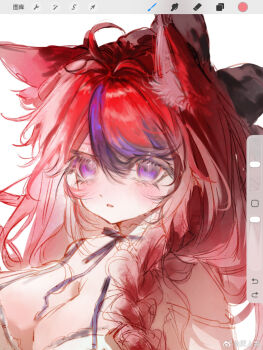 1girl ahoge animal_ear_fluff animal_ears art_program_in_frame black_bow blue_eyes blue_hair blush bow bra braid breasts cat_ears chinese_commentary cleavage commentary eyelashes genderswap genderswap_(mtf) hair_bow highres large_breasts long_hair multicolored_hair parted_lips procreate_(medium) procreate_(software) side_braid single_braid solo streaked_hair sumino_takumi sweat tareme the_hundred_line_-last_defense_academy- two-tone_hair underwear upper_body watermark weibo_watermark white_bra yanrenxi20831