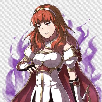 1girl absurdres armor aura breastplate cape celica_(fire_emblem) celica_(imprisoned_soul)_(fire_emblem) choker corruption dark_aura dark_persona dress duma_(fire_emblem) earrings enluna53 evil_smile fingerless_gloves fire_emblem fire_emblem_echoes:_shadows_of_valentia gloves highres holding holding_sword holding_weapon intelligent_systems jewelry long_hair nintendo possessed possession princess red_eyes red_hair smile sword tiara weapon white_armor white_dress witch