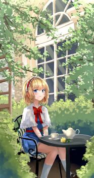 Rule 34 | 1girl, alice margatroid, blonde hair, blue dress, blue eyes, bow, bowtie, bush, chair, commentary, cup, day, dress, flower, frilled hairband, frills, hairband, highres, looking at viewer, on chair, outdoors, own hands together, red bow, red bowtie, red hairband, short hair, sitting, socks, solo, table, teapot, touhou, tree, white socks, window, yellow flower, yuki (snowmaiden)