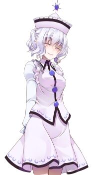 Rule 34 | 1girl, ^ ^, arms behind back, blush, buttons, closed eyes, closed mouth, collared shirt, commentary request, cowboy shot, crescent print, crote, facing viewer, frilled shirt, frilled sleeves, frills, hair between eyes, half-closed eyes, hat, highres, juliet sleeves, large variant set, long sleeves, medium skirt, merlin prismriver, pink hat, pink shirt, pink skirt, puffy sleeves, shirt, short hair, skirt, smile, solo, standing, tachi-e, touhou, transparent background, variant set, white hair, white shirt