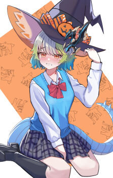 1girl absurdres aqua_hair aqua_sweater_vest black_hat black_shoes black_skirt black_socks blue_tail blush bow bowtie commentary_request dragon_girl dragon_horns dragon_musume_ni_naritakunai! dragon_tail duel_masters green_hair happy_halloween hat highres horns jack-o'-lantern_hat_ornament kneehighs kuramandora long_sleeves multicolored_hair nagareboshi_asche plaid_clothes plaid_skirt red_bow red_bowtie school_uniform shirt shoes short_hair sitting skirt socks solo sweater_vest tail tears wariza white_mouth white_shirt witch_hat