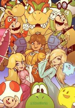 Rule 34 | 2others, 3girls, 6+boys, absurdres, blonde hair, blue dress, blush, bowser, bowser jr., closed mouth, commentary, crown, dark-skinned female, dark skin, dress, egg, english commentary, fangs, furry, furry male, green hat, hat, highres, holding, holding umbrella, holding wand, kamek, looking at another, looking at viewer, looking to the side, luigi, luma (mario), mario, mario (series), multiple boys, multiple girls, multiple others, nintendo, one eye closed, open mouth, pink dress, princess daisy, princess peach, red hair, red hat, red toad (mario), rosalina, round eyewear, smile, stivnworks, suspenders, the super mario galaxy movie, umbrella, wand, yellow dress, yoshi
