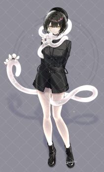 1girl ankle_boots arms_behind_back beret black_boots black_dress black_hair black_hat bob_cut boots dress flower full_body grey_background hat highres indasu10 jie_(xinyue_tongxing) long_sleeves looking_at_viewer pantyhose short_dress short_hair smile snake solo standing watermark watermark_grid white_flower white_pantyhose xinyue_tongxing yellow_eyes