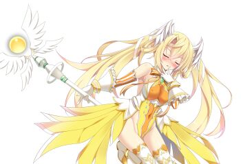 1girl bare_shoulders blonde_hair blush boots bow breasts chest_jewel chikubi_(artist) closed_eyes covered_erect_nipples covered_navel detached_sleeves elbow_gloves floating_hair game_cg gloves groin hair_between_eyes hair_rings hand_to_own_mouth head_wings highleg highleg_leotard holding holding_staff holding_wand kusarou large_breasts large_variant_set leg_up leotard long_hair magical_girl mahou_shoujo_inori mamiya_seira non-web_source official_art open_mouth orb parted_lips ribbon showgirl_skirt sideboob simple_background skin_tight solo staff standing striped_clothes thigh_boots thighhighs transparent_background twintails variant_set very_long_hair wand white_gloves white_ribbon white_thighhighs wings yellow_leotard