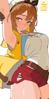 1girl arched_back arm_behind_head arm_up armpits atelier_(series) atelier_ryza atelier_ryza_1 belt blush breasts brown_hair commentary copyright_notice cowboy_shot from_side hat highres jacket large_breasts legs_together looking_at_viewer looking_to_the_side medium_hair open_clothes open_jacket red_shorts reisalin_stout shirt short_shorts shorts sleeveless sleeveless_jacket sleeveless_shirt smile solo standing straight_hair thick_thighs thighs twitter_username white_hat white_shirt xel4 yellow_eyes yellow_jacket