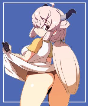 1girl absurdres ahoge animal_ears ass black_horns black_pubic_hair blush breasts brown_eyes clothes_lift clothes_pull dress dress_lift dress_pull excessive_pubic_hair female_focus female_pubic_hair from_behind gloves hair_over_one_eye highres horns kemono_friends lifting_own_clothes long_hair looking_at_viewer looking_back low_twintails mismatched_pubic_hair multi_ear no_panties panties pink_hair pubic_hair shirt short_sleeves solo tail twintails underwear white_dress white_hair wings yak_(kemono_friends) yellow_shirt