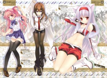 3girls absurdres black_thighhighs bow bowtie brown_hair chaos;head chaos;head_love_chu_chu! character_request full_body hair_ribbon highres lab_coat loafers long_hair long_sleeves looking_at_viewer makise_kurisu miniskirt multiple_girls necktie pantyhose pink_eyes pink_hair plaid_bow plaid_bowtie plaid_clothes plaid_skirt pleated_skirt purple_bow purple_bowtie purple_eyes red_necktie ribbon sakihata_rimi school_uniform science_adventure shoes short_sleeves skirt smile steins;gate suimei_academy_school_uniform summer_uniform tatekawa_mako thighhighs zettai_ryouiki