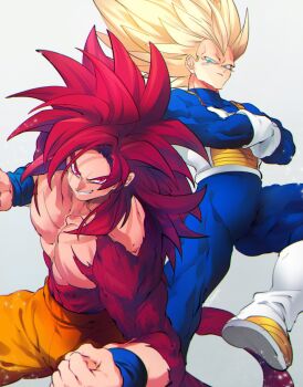 2boys armor blonde_hair blue_bodysuit body_fur bodysuit boots clenched_hands commentary_request cowboy_shot crossed_arms dragon_ball dragon_ball_daima foot_out_of_frame gloves green_eyes grey_background highres long_hair male_focus monkey_tail multiple_boys muscular muscular_male no_eyebrows ommmyoh orange_pants pants parted_lips red_eyes red_fur red_hair red_tail saiyan_armor smirk son_goku spiked_hair standing super_saiyan super_saiyan_3 super_saiyan_4 tail topless_male vegeta white_armor white_boots white_gloves