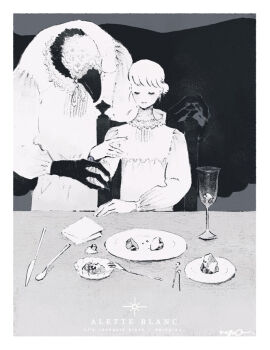 1boy 1girl bird_boy closed_eyes cup dress drinking_glass english_text food furry furry_male grabbing_another&#039;s_arm greyscale hair_bun long_sleeves monochrome nagabe original pastry plate puffy_long_sleeves puffy_sleeves short_hair table upper_body wine_glass
