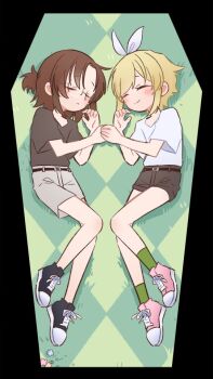 2girls argyle_background artist_self-insert black_shorts blonde_hair brown_hair cherri_saurio closed_eyes commentary_request expressionless glasses green_socks grey_shorts multiple_girls original pink_shoes ponytail self-portrait shirt shoes short_hair short_ponytail short_shorts shorts sidelocks socks spanish_commentary t-shirt white_shirt