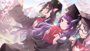 3girls book brown_hair building cherry_blossoms closed_eyes cloud collared_shirt game_cg glasses graduation grass hat holding idolmaster idolmaster_shiny_colors idolmaster_shiny_colors_song_for_prism japanese_text mitsumine_yuika multiple_girls necktie official_art open_mouth petals profile purple_eyes purple_hair shirase_sakuya shirt tanaka_mamimi tree yellow_eyes