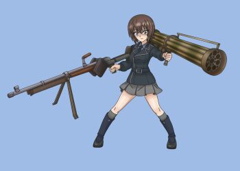 belt black_belt black_boots black_necktie blue_background boots breasts brown_eyes brown_hair dress_shirt full_body girls_und_panzer grey_shirt grey_skirt grey_socks holding holding_weapon jacket kkonmulbeom_nyomy kneehighs large_breasts long_sleeves looking_at_viewer military military_jacket military_uniform necktie niedersachsen_military_uniform nishizumi_maho panzerbuchse_39 pleated_skirt serious shirt short_hair simple_background skirt socks weapon