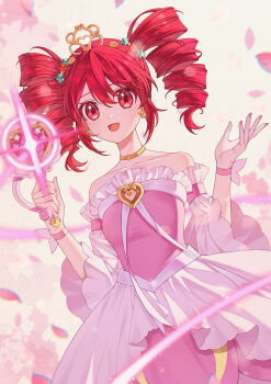 Rule 34 | 1girl, :d, absurdres, ahoge, anamnesis123, back bow, bare shoulders, blurry, blurry background, bow, brooch, choker, collarbone, commentary, depth of field, detached sleeves, dress, dress ribbon, drill hair, dutch angle, earrings, english commentary, falling petals, fine (futagohime), fine (universal princess) (futagohime), fingernails, flower, frilled dress, frilled sleeves, frills, fushigiboshi no futago hime, fushigiboshi no futago hime gyu, gold choker, gold earrings, gold tiara, hair between eyes, hair ornament, hands up, happy bell stick, heart, heart brooch, highres, hime lolita, holding, holding wand, jewelry, layered dress, light trail, lolita fashion, long hair, looking at viewer, magical girl, off-shoulder dress, off shoulder, open mouth, petals, pink dress, pink petals, red eyes, red hair, ribbon, smile, solo, sparkle, star (symbol), star earrings, star hair ornament, strapless, strapless dress, tiara, twin drills, upper body, wand, white background, white bow, white flower, white ribbon, wide sleeves, wrist flower