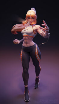 1girl 3d abs absurdres bandages black_footwear black_leggings blender_(medium) blonde_hair bra brass_knuckles cleavage_cutout clothing_cutout fighting_stance full_body glasgow_smile gradient_background highres leggings long_hair looking_at_viewer monster_girl muscular muscular_female ninjason_chan ponytail scar scar_on_face scar_on_nose sharp_teeth simple_background skin_tight solo sports_bra sportswear standing stomach tanya_(jeremy_anninos) teeth underwear weapon white_bra