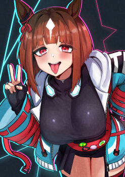 1girl :d absurdres animal_ears black_gloves black_shirt black_shorts black_thighhighs blue_jacket blush bow breasts brown_hair commentary cowboy_shot ear_ribbon fingerless_gloves gloves grey_background hand_on_own_hip headphones headphones_around_neck highres horse_ears horse_girl jacket kure_(otakami999) large_breasts leaning_forward looking_at_viewer medium_hair open_clothes open_jacket open_mouth red_eyes red_ribbon ribbon shirt short_shorts shorts smile solo teeth thighhighs thighs tongue tongue_out transcend_(umamusume) transcend_(zoku-zoku_gizmo)_(umamusume) umamusume upper_teeth_only v zettai_ryouiki