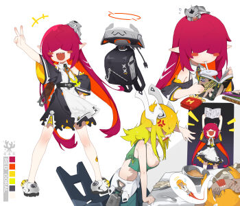 +++ 2girls absurdres anger_vein backpack bag black_dress blonde_hair blush_stickers book breasts chinese_commentary cleavage commentary_request covered_eyes dress drinking drinking_straw hair_over_eyes highres holding holding_book large_breasts long_hair multiple_girls multiple_views original pointy_ears pornography pu_shu reading red_hair robot sharp_teeth short_dress simple_background teeth two-tone_dress unworn_backpack unworn_bag white_background white_dress