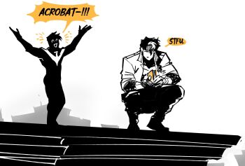 bat_signal batman_(series) batman_symbol black_bodysuit black_gloves black_hair bodysuit brothers brown_jacket dc_comics dick_grayson domino_mask eye_mask ggggu_cu gloves grey_bodysuit highres holding jacket jason_todd male_focus mask multicolored_bodysuit multicolored_hair multiple_boys muscular muscular_male nightwing open_clothes pants red_hood_(dc) red_hood_and_the_outlaws short_hair siblings superhero_costume taut_bodysuit two-tone_bodysuit two-tone_hair