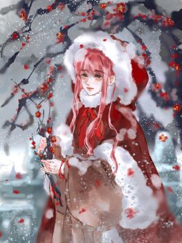 1girl absurdres bow bowtie branch brown_eyes brown_hanfu chinese_commentary closed_mouth cloud cloudy_sky coat commentary_request cowboy_shot day expressionless eyelashes flower fur-trimmed_coat fur-trimmed_hood fur-trimmed_sleeves fur_trim highres holding holding_branch hood hood_up hooded_coat layered_sleeves lipstick long_sidelocks long_sleeves looking_ahead makeup nikki_(nikki) nikki_(series) outdoors plum_blossoms qingxu red_bow red_bowtie red_coat red_flower red_lips rock sidelocks sky snow snowing solo standing wide_sleeves winter winter_clothes