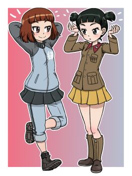 2girls alternate_hairstyle arms_behind_head arms_up black_eyes black_hair black_shoes blue_jacket blue_pants blue_track_suit boots brown_boots brown_jacket chi-hatan_military_uniform closed_mouth collar girls_und_panzer girls_und_panzer_saishuushou gradient_background grey_background grey_skirt hair_down hairstyle_switch jacket long_sleeves mikko_(girls_und_panzer) miniskirt multiple_girls nishihara_yasoko pants pants_rolled_up pants_under_skirt pleated_skirt red_background red_collar red_eyes red_hair shoes short_hair short_twintails skirt smile takahashi_kurage track_jacket track_pants track_suit twintails yellow_skirt