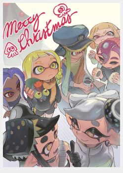 2boys 5girls absurdres agent_3_(splatoon) agent_3_(splatoon_3) agent_4_(splatoon) agent_8_(splatoon) beanie behind-the-head_headphones black_gloves black_hair black_sweater blonde_hair blue_hat border bow-shaped_hair braid bright_pupils callie_(alterna)_(splatoon) callie_(splatoon) captain_3_(splatoon) choker closed_mouth coat commentary creature creature_on_shoulder cross-shaped_pupils cup dark-skinned_male dark_skin earrings eyebrow_cut food gloves green_hair green_jacket grey_choker grey_hair hand_on_own_hip hat headphones highres holding holding_cup holding_food index_finger_raised inkling jacket jewelry long_hair long_sleeves looking_at_another marie_(alterna)_(splatoon) marie_(splatoon) medium_hair merry_christmas mug multiple_boys multiple_girls nintendo octoling octoling_boy octoling_player_character on_shoulder orange_eyes orange_scarf parted_bangs parted_lips patchwork_clothes peaked_cap pointy_ears ponytail purple_hair red_eyes red_hair red_hat salmonid scarf short_hair single_braid sitting smallfry_(splatoon) smile splatoon_(series) splatoon_3 steamed_bun sweater swept_bangs symbol-only_commentary symbol-shaped_pupils tentacle_hair thick_eyebrows usa_go13 white_border white_coat white_pupils yellow_eyes