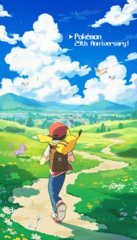 1boy absurdres anniversary backpack bag black_hair blue_pants blue_sky chueog cloud copyright_name cumulonimbus_cloud day dirt_road facing_away flower flying from_behind gen_1_pokemon grass hashtag-only_commentary hat highres jacket mountainous_horizon nintendo orange_flower outdoors pants pidgey pikachu pokemon pokemon_(creature) pokemon_day pokemon_rgby purple_flower rattata red_(pokemon) red_hat red_jacket road scenery shoe_soles shoes short_hair short_sleeves sky spiked_hair town tree twitter_username walking white_flower