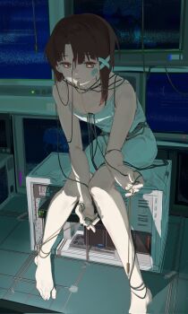 1girl absurdres asymmetrical_hair bare_shoulders barefoot brown_eyes brown_hair computer computer_tower dark_room dress entangled expressionless hair_ornament hairclip half-closed_eyes harumimi highres iwakura_lain monitor parted_lips serial_experiments_lain shadow short_hair single_sidelock sitting solo spaghetti_strap white_dress wire x_hair_ornament