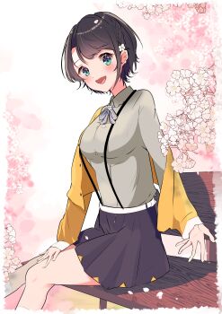 1girl :d absurdres belt black_hair black_skirt blue_eyes blurry blurry_background bow bowtie breasts cherry_blossoms collared_shirt emutakanoe feet_out_of_frame flower from_side grey_shirt hair_flower hair_ornament hand_on_own_leg highres hololive jacket large_breasts looking_at_viewer miniskirt on_bench oozora_subaru open_clothes open_jacket open_mouth reaching reaching_towards_viewer shirt short_hair single_off_shoulder sitting skirt smile solo striped_bow striped_bowtie striped_clothes suspender_skirt suspenders swept_bangs virtual_youtuber white_belt white_bow white_bowtie yellow_jacket