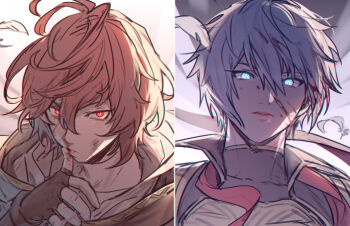 2boys ahoge armor backlighting blood blood_on_clothes blood_on_face blood_on_hands blue_eyes breastplate brown_hair commentary_request empty_eyes falling_feathers feathers fingerless_gloves from_below gloves glowing glowing_eyes granblue_fantasy hair_between_eyes hand_on_own_chin hood hood_down looking_at_viewer lucifer_(shingeki_no_bahamut) multiple_boys red_eyes red_ribbon ribbon sandalphon_(granblue_fantasy) short_hair split_screen sweater tekki_(tki) turtleneck upper_body white_feathers white_hair wiping_mouth