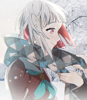 2girls 42_(42_aqrl) adjusting_scarf aqua_neckerchief bare_tree bob_cut brown_dress closed_mouth colored_inner_hair commentary_request dress grey_hair grey_scarf hair_ornament hand_blush hasu_no_sora_school_uniform highres inverted_bob korean_commentary link!_like!_love_live! long_sleeves love_live! multicolored_hair multiple_girls murano_sayaka neckerchief out_of_frame pink_eyes plaid_clothes plaid_scarf profile red_hair sailor_collar sailor_dress scarf school_uniform short_hair smile snow_on_tree snowing solo_focus star_(symbol) star_hair_ornament streaked_hair tree thumbnail_collage upper_body virtual_youtuber white_sailor_collar winter winter_uniform yugiri_tsuzuri