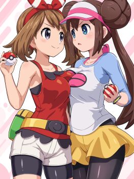 2girls absurdres asymmetrical_docking bare_shoulders bike_shorts bike_shorts_under_shorts black_pantyhose blue_eyes blush bow bow_hairband breast_press breasts brown_hair closed_mouth collarbone commentary donut_hair_bun double_bun fanny_pack hair_bun hairband hat highres holding holding_poke_ball large_breasts long_hair looking_at_another may_(pokemon) multiple_girls nintendo pantyhose pantyhose_under_shorts poke_ball poke_ball_(basic) poke_ball_print pokemoa pokemon pokemon_black_2_and_white_2 pokemon_omega_ruby_and_alpha_sapphire purple_eyes raglan_sleeves red_bow red_shirt rosa_(pokemon) shirt shorts shorts_under_shorts sleeveless smile twintails visor_cap yellow_shorts