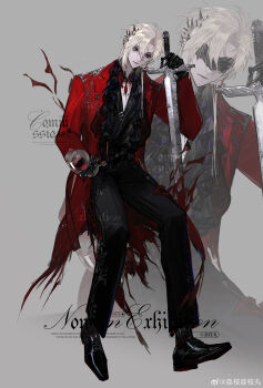 Rule 34 | 1boy, absurdres, alcohol, asymmetrical sidelocks, black collar, black gloves, black pants, black shirt, black shoes, blindfold mask, blue pupils, body markings, chinese commentary, closed mouth, coat, collar, commentary request, commission, cup, curtained hair, dress pants, drinking glass, expressionless, fold-over collar, frilled shirt, frills, full body, gloves, grey background, hair between eyes, highres, holding, holding cup, holding sword, holding weapon, invisible chair, lace collar, lapel pin, lapels, lizhi wan, long sleeves, looking ahead, male focus, mask, mole, mole under eye, notched lapels, open clothes, open coat, original, oxfords, pants, planted, planted sword, planted weapon, red coat, red eyes, red wine, shirt, shirt tucked in, shoes, short hair, sidelocks, simple background, sitting, solo, spiked hair ornament, spikes, sword, third eye on chest, torn clothes, torn coat, wallet chain, watermark, weapon, weibo watermark, white hair, wine, wine glass, zoom layer