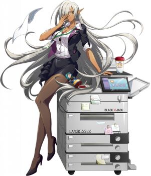 1girl adjusting_eyewear alustriel arm_support bespectacled black_bra black_shoes black_skirt blazer bra bra_peek breasts brown_eyes brown_pantyhose button_gap cleavage cup dark-skinned_female dark_elf dark_skin disposable_coffee_cup disposable_cup dress_shirt elf figure floating_hair floating_lanyard floating_paper formal_clothes full_body game_cg glasses grey_hair hair_over_one_eye high_heels id_card jacket langrisser langrisser_mobile lanyard large_breasts leaning leaning_on_object leg_up long_hair looking_at_viewer looking_over_eyewear miniskirt office_lady official_alternate_costume official_art open_clothes open_collar open_jacket pantyhose paper parted_lips partially_unbuttoned pencil_skirt photocopier pointy_ears pumps semi-rimless_eyewear shirt shoes short_sleeves simple_background skirt skirt_suit smile solo standing standing_on_one_leg striped_clothes striped_shirt suit tachi-e third-party_source transparent_background two-sided_fabric two-sided_jacket underwear vertical-striped_clothes vertical-striped_shirt very_long_hair white_shirt wing_collar