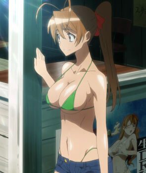 1girl absurdres antenna_hair beach_house bikini breasts brown_hair cleavage denim denim_shorts g-string highres highschool_of_the_dead large_breasts legs long_hair miyamoto_rei navel orange_hair ponytail shorts smile stitched swimsuit swimsuit_under_clothes thighs third-party_edit thong thong_bikini unbuttoned underboob unzipped whale_tail_(clothing)