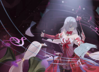 1girl absurdres bare_shoulders black_skirt braid breasts chinese_commentary closed_mouth commentary_request detached_sleeves dlfgan_z dress flower grey_eyes grey_hair halter_dress halterneck highres holding holding_flower indoors long_hair looking_at_viewer low_twin_braids medium_breasts musical_note phrolova_(wuthering_waves) red_dress red_flower red_nails single_detached_sleeve skirt smile solo spider_lily stage twin_braids very_long_hair wuthering_waves