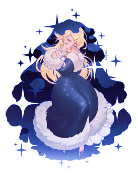 1girl blonde_hair blue_dress blue_eyes closed_eyes crown dress earrings fur_trim hair_over_one_eye highres jewelry long_hair long_sleeves mario_(series) mong_(mong_milo) nintendo own_hands_together rosalina solo star_(symbol) star_earrings super_mario_galaxy