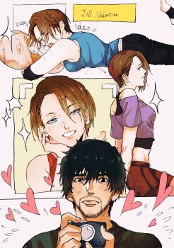 1boy 1girl beard black_hair blue_eyes blue_shirt brown_hair camera carlos_oliveira character_name facial_hair heart highres holding holding_camera jill_valentine midriff mihael66 multiple_views nemesis_(resident_evil) resident_evil resident_evil_3:_nemesis resident_evil_3_(remake) shirt smile sparkle stuffed_toy