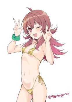 1girl :d ahoge bare_shoulders bikini breasts double_v gold_bikini highres idolmaster idolmaster_shiny_colors komiya_kaho loli long_hair micro_bikini one_eye_closed open_mouth red_eyes red_hair scrunchie sidelocks simple_background small_breasts smile swimsuit tamagomikan v white_background wrist_scrunchie