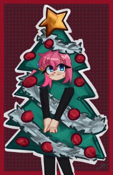 1girl blue_eyes bocchi_the_rock! christmas christmas_costume christmas_ornaments christmas_tree commentary cube_hair_ornament english_commentary gotoh_hitori guitar hair_ornament highres instrument lyskalynn merry_christmas side_ahoge tree