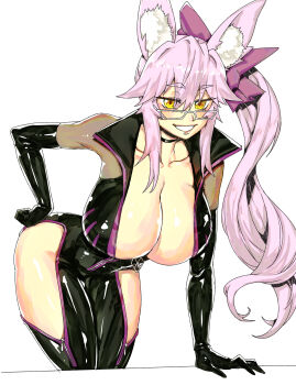 1girl absurdres animal_ear_fluff animal_ears black_bodysuit blush bodysuit bow breasts center_opening choker cleavage clothing_cutout fate/grand_order fate_(series) fox_ears fox_girl glasses grin hair_between_eyes hair_bow highres hip_vent koyanskaya_(assassin)_(first_ascension)_(fate) koyanskaya_(fate) large_breasts leaning_forward long_hair looking_at_viewer minew pink_bow pink_hair ponytail sidelocks smile solo thighs yellow_eyes