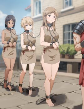 absurdres barefoot black_eyes black_hair blonde_hair blue_eyes braid breasts brown_eyes brown_hair chain coffle collar cuffs dark-skinned_female dark_skin forced_march forehead_jewel highres keihh large_breasts leash leash_pull leila_(magi) long_hair magi_the_labyrinth_of_magic outdoors plant rags sahsa shackles short_hair side_braid slave slave_clothes toya_(magi) walking