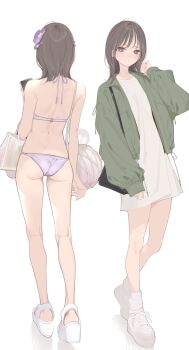 1girl ama_mitsuki ass back bag bikini blush brown_eyes brown_hair cellphone dress flower full_body green_jacket hair_flower hair_ornament highres holding holding_phone jacket kneepits looking_at_phone looking_at_viewer medium_hair multiple_views original phone platform_sandals purple_bikini sandals shoes shoulder_bag shoulder_blades simple_background sleeves_past_wrists smartphone sneakers socks solo standing swimsuit white_background white_dress white_socks