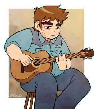 1boy bara brown_hair chair expressionless facial_hair feet_out_of_frame forked_eyebrows guitar highres holding holding_guitar holding_instrument instrument looking_down male_focus medium_sideburns music nifast_(greentail) on_chair pants playing_instrument scott_pilgrim_(series) scott_pilgrim_takes_off short_hair sideburns_stubble sitting solo sparse_stubble stephen_stills stubble thick_eyebrows