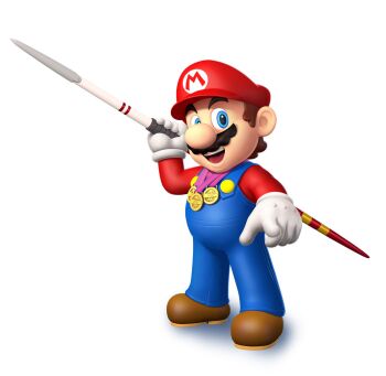 1boy 3d arm_up big_nose blue_eyes blue_overalls brown_hair brown_shoes buttons newsboy_cap clothes_writing facial_hair full_body gloves happy hat holding_javelin javelin_(spear) long_sleeves looking_at_viewer male_focus mario mario_&amp;_sonic_(series) mario_&amp;_sonic_at_the_london_2012_olympic_games mario_(series) mustache nintendo official_art open_mouth overalls pointing pointing_at_viewer red_hat red_shirt shirt shoes short_hair simple_background smile solo standing teeth third-party_source tongue white_background white_gloves
