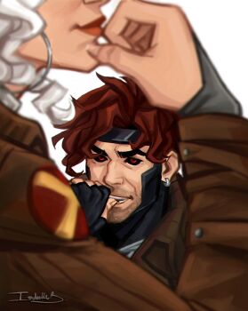 1boy 1girl biting biting_own_thumb black_bridal_gauntlets black_gloves black_sclera blurry blurry_foreground bridal_gauntlets brown_jacket colored_sclera commentary couple curly_hair depth_of_field earrings english_commentary eyes_out_of_frame facial_hair fingerless_gloves gambit gloves head_out_of_frame hetero highres hoop_earrings husband_and_wife isa_anartist jacket jewelry marvel marvel_rivals red_eyes red_hair red_lips rogue_(x-men) short_hair signature silver_earrings stubble teeth upper_body white_background white_hair x-men