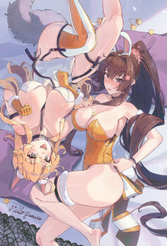 2girls absurdres alternate_costume animal_ears artist_name ass bare_shoulders between_breasts black_choker blonde_hair blue_eyes bracelet breasts brown_hair candy choker cleavage collar commentary_request fake_animal_ears fake_tail fishnet_thighhighs fishnets food fur-trimmed_thighhighs fur_trim garter_straps gloves hair_intakes hair_ornament has_bad_revision has_downscaled_revision highleg highleg_leotard highres himeyamato huge_breasts iowa_(kancolle) jewelry kantai_collection large_breasts leash leash_between_breasts leotard lollipop long_hair md5_mismatch multiple_girls open_mouth orange_gloves orange_leotard playboy_bunny red_eyes resolution_mismatch single_thighhigh source_smaller star-shaped_pupils star_(symbol) strap_between_breasts symbol-shaped_pupils tail thighhighs very_long_hair white_leotard wolf_ears yamato_(kancolle)