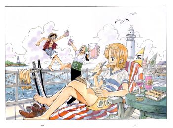 1girl 2boys alcohol bare_legs barefoot beach_towel bird book chair cherry cocktail_glass cup dock drinking drinking_glass food fruit highres holding_glasses lighthouse lounge_chair map monkey_d._luffy multiple_boys nami_(one_piece) nami_(one_piece)_(east_blue) ocean oda_eiichirou one_piece pencil pirate_ship port sanji_(one_piece) seagull shirt shoes sitting skirt skull soles striped_clothes striped_shirt sword toes towel treasure_map unworn_shoes v-neck water weapon wine yellow_skirt