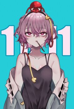 1girl bare_shoulders blue_background food food_in_mouth highres komeiji_satori looking_up neon_(co2co8) off_shoulder pocky pocky_in_mouth purple_eyes purple_hair short_hair simple_background solo third_eye touhou upturned_eyes