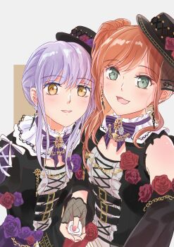 2girls absurdres bang_dream! bare_shoulders black_dress blush brown_hair commentary_request dress feet_out_of_frame flower gloves green_eyes grey_hair hat highres imai_lisa long_hair looking_at_viewer minato_yukina multiple_girls nail_polish open_mouth shih_lion standing yellow_eyes