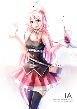 1girl :d absurdres animal animal_on_head artist_name black_boots black_tank_top blue_eyes boots breasts character_name commentary drink english_commentary glass hair_between_eyes highres holding holding_animal holding_plate holding_rabbit ia_(vocaloid) long_hair long_hair_between_eyes looking_at_viewer napkin on_head open_mouth pink_hair pink_skirt plate pleated_skirt rabbit rabbit_on_head skirt smile solo songjiangcc tank_top teeth thigh_boots tongue upper_teeth_only very_long_hair vocaloid white_background